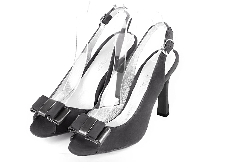 Dark grey women's slingback sandals. Round toe. High spool heels. Front view - Florence KOOIJMAN
